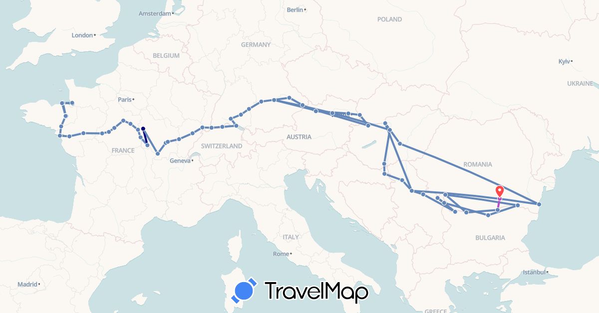 TravelMap itinerary: driving, cycling, train, hiking in Austria, Bulgaria, Germany, France, Croatia, Hungary, Romania, Serbia, Slovakia (Europe)